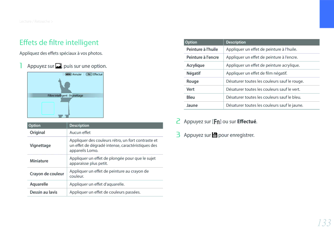 Samsung NX30PRD002/SEF, EV-NX30ZZBGBFR, NX30PRT002/SEF 133, Effets de filtre intelligent, Appuyez sur , puis sur une option 