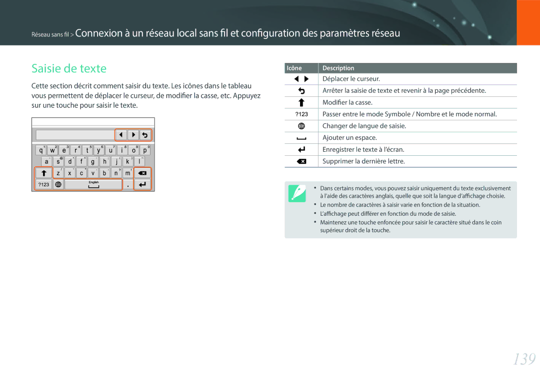 Samsung NX30PRD002/SEF, EV-NX30ZZBGBFR manual 139, Saisie de texte, Sur une touche pour saisir le texte, Déplacer le curseur 