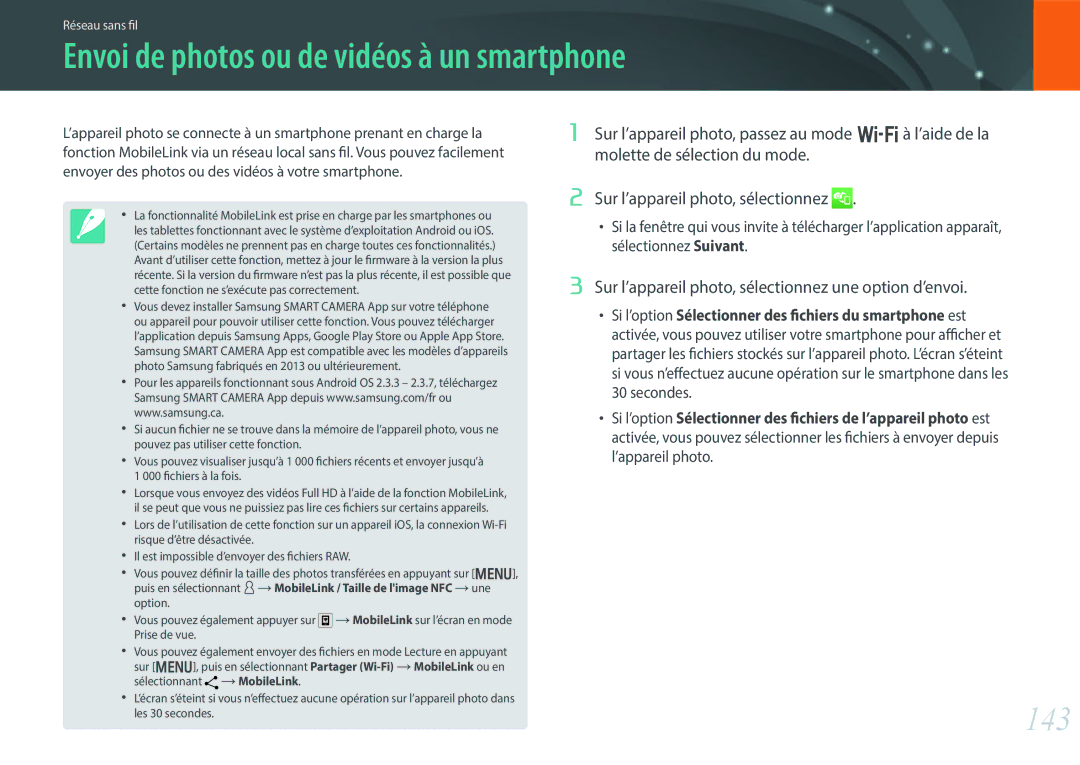 Samsung EV-NX30ZZBGBFR manual Envoi de photos ou de vidéos à un smartphone, 143, Sur l’appareil photo, sélectionnez 