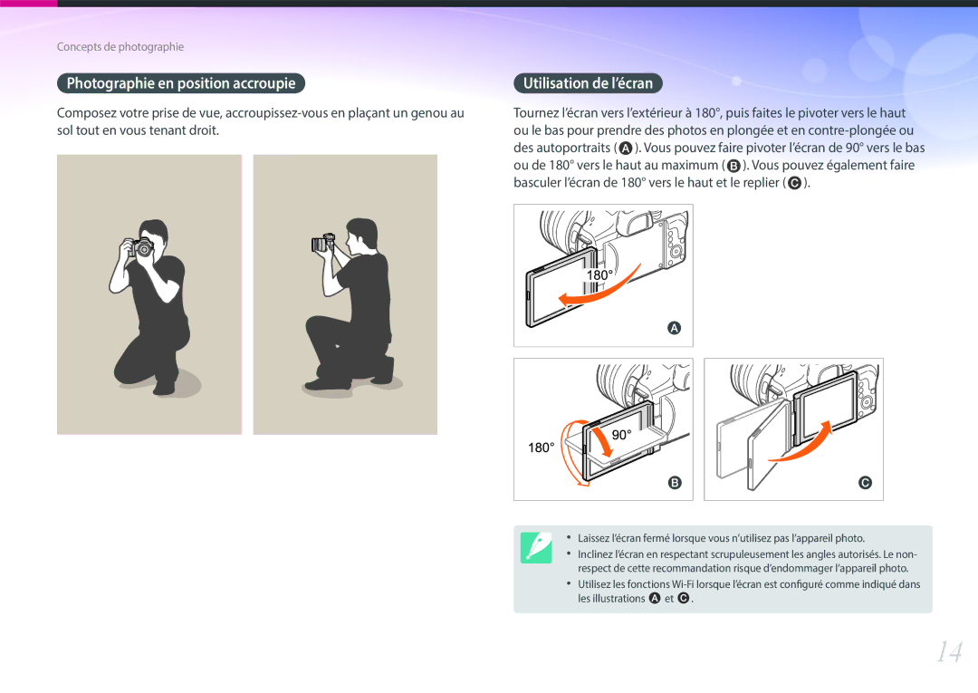 Samsung EV-NX30ZZBGBFR, NX30PRT002/SEF, NX30PRD002/SEF manual Photographie en position accroupie, Utilisation de l’écran 