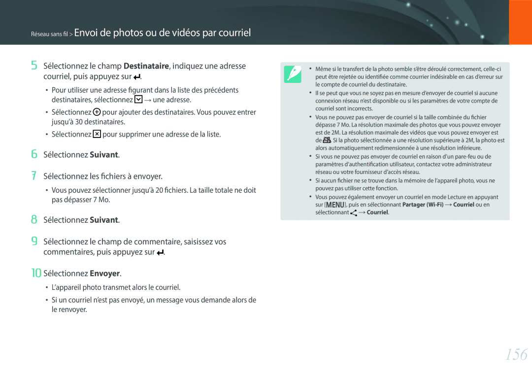 Samsung NX30PRT002/SEF manual 156, Sélectionnez Suivant Sélectionnez les fichiers à envoyer, 10 Sélectionnez Envoyer 