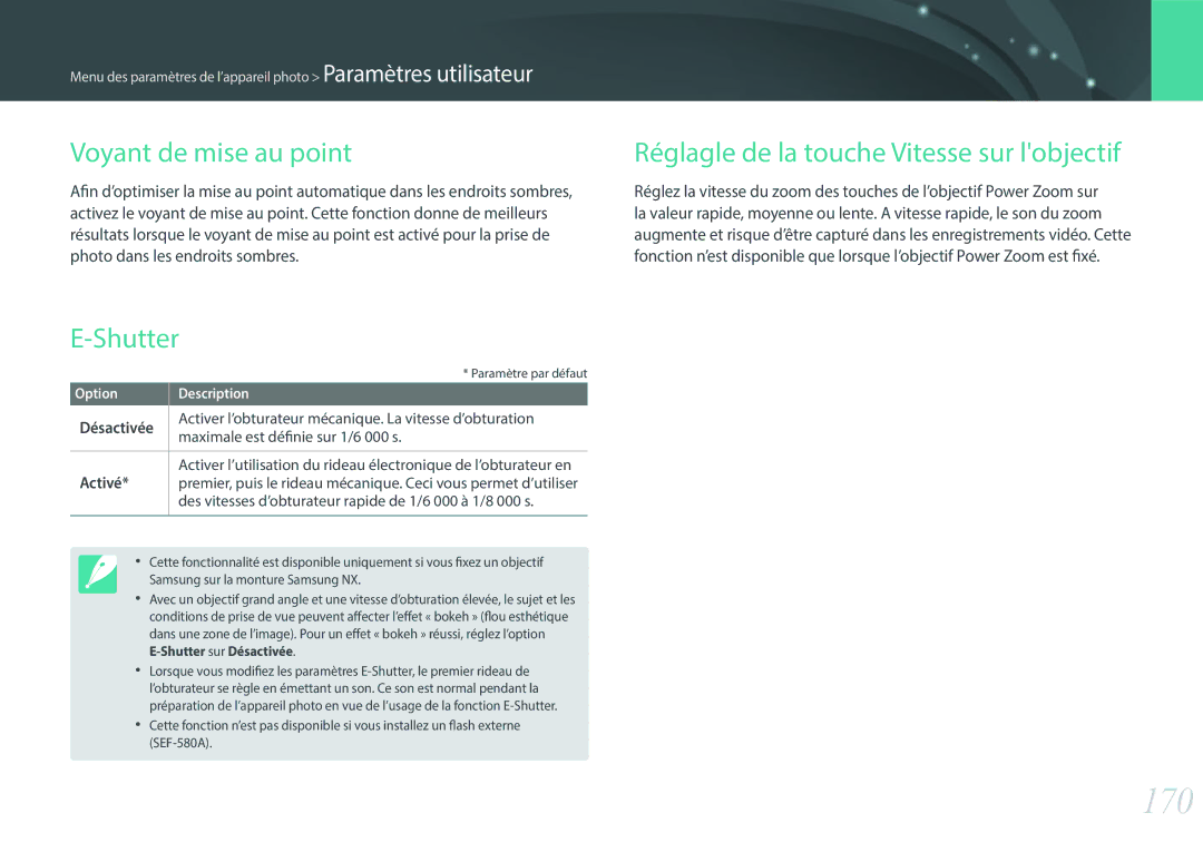 Samsung EV-NX30ZZBGBFR, NX30PRT002/SEF 170, Voyant de mise au point, Shutter, Réglagle de la touche Vitesse sur lobjectif 