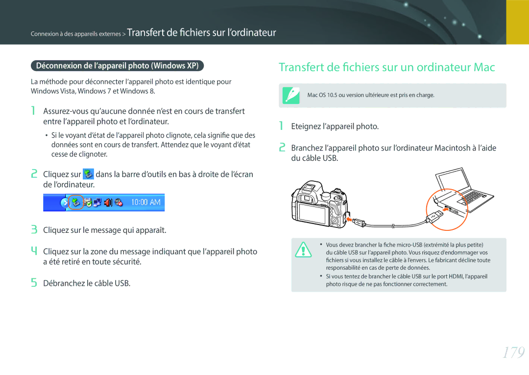 Samsung EV-NX30ZZBGBFR manual 179, Transfert de fichiers sur un ordinateur Mac, Déconnexion de l’appareil photo Windows XP 