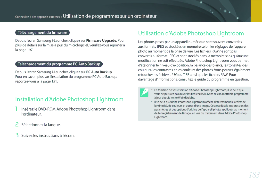 Samsung NX30PRT002/SEF manual 183, Installation d’Adobe Photoshop Lightroom, Utilisation d’Adobe Photoshop Lightroom 