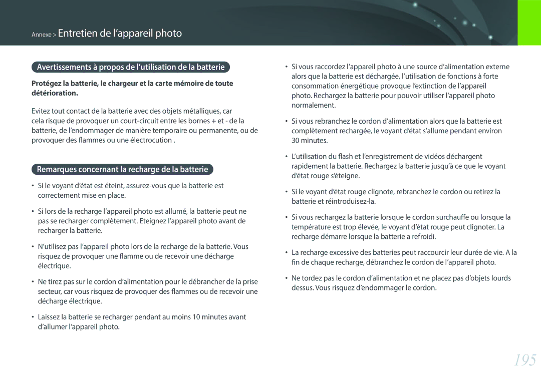 Samsung NX30PRT002/SEF, EV-NX30ZZBGBFR, NX30PRD002/SEF manual 195, Avertissements à propos de l’utilisation de la batterie 