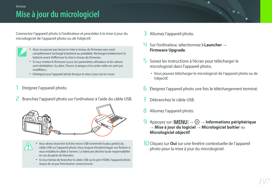 Samsung EV-NX30ZZBGBFR, NX30PRT002/SEF, NX30PRD002/SEF manual Mise à jour du micrologiciel, 197 