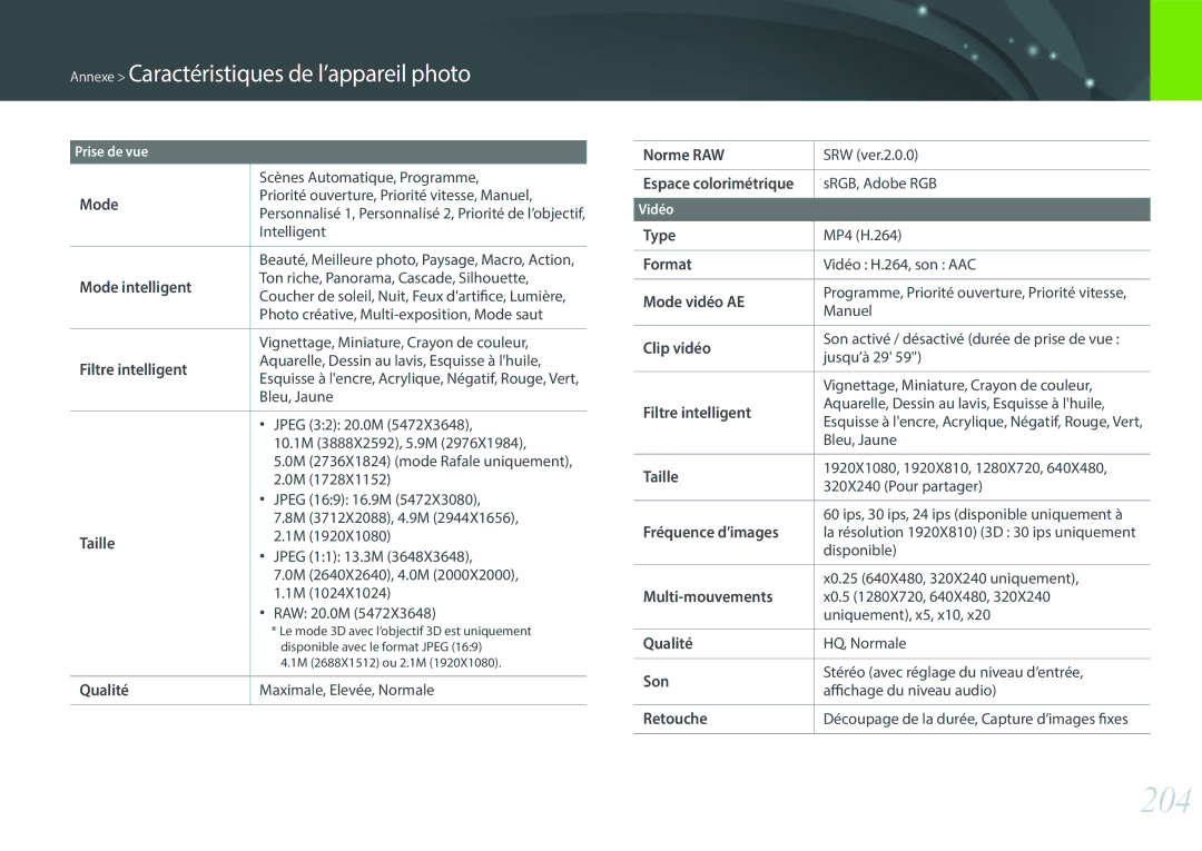 Samsung NX30PRT002/SEF, EV-NX30ZZBGBFR, NX30PRD002/SEF manual 204 