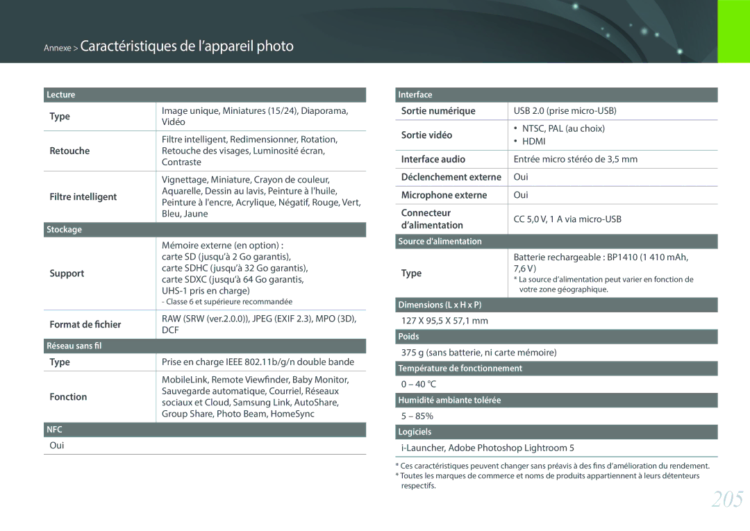 Samsung NX30PRD002/SEF, EV-NX30ZZBGBFR, NX30PRT002/SEF manual 205 