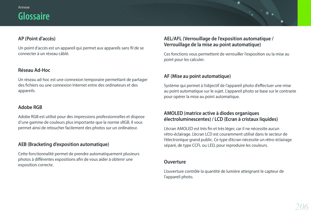 Samsung EV-NX30ZZBGBFR, NX30PRT002/SEF, NX30PRD002/SEF manual Glossaire, 206 