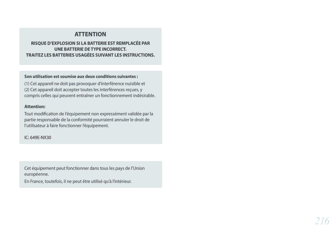 Samsung NX30PRT002/SEF, EV-NX30ZZBGBFR, NX30PRD002/SEF manual 216, Son utilisation est soumise aux deux conditions suivantes 