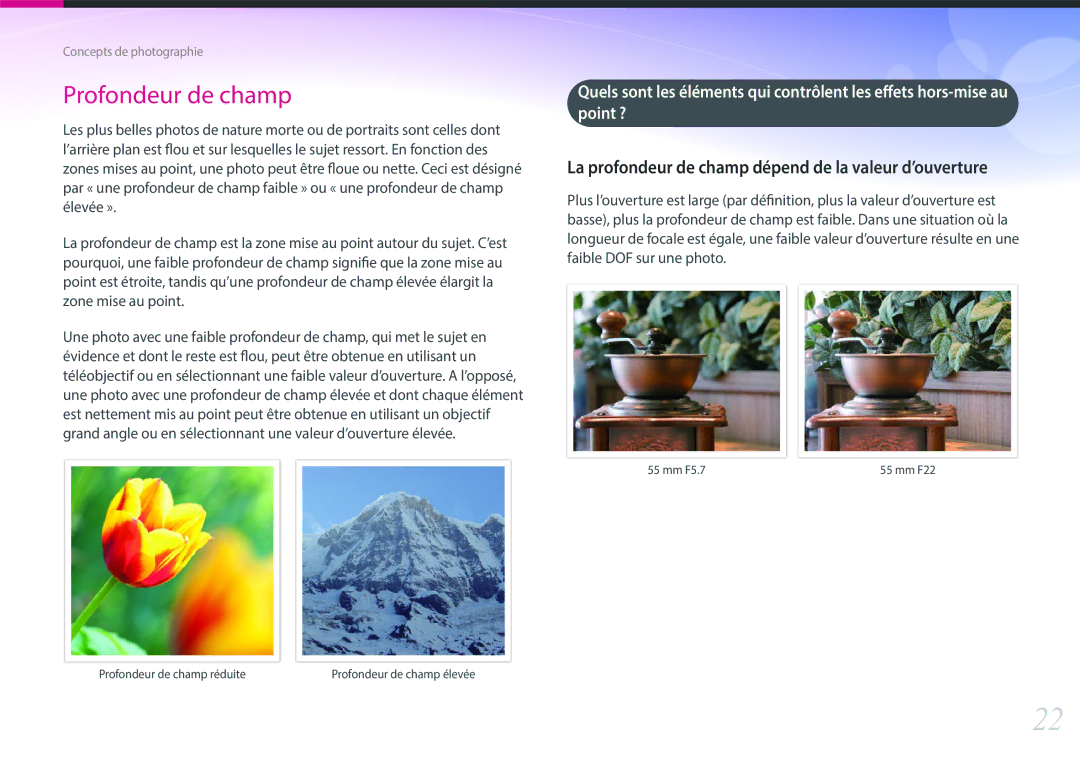 Samsung NX30PRD002/SEF, EV-NX30ZZBGBFR, NX30PRT002/SEF manual La profondeur de champ dépend de la valeur d’ouverture, Point ? 