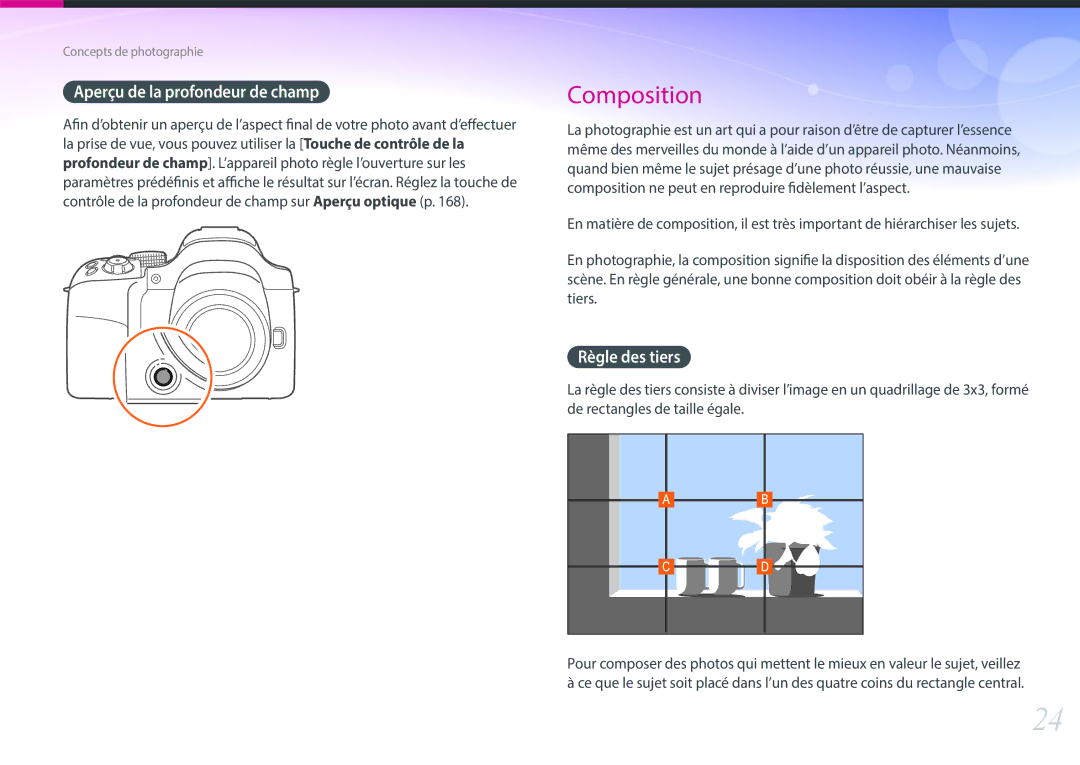 Samsung NX30PRT002/SEF, EV-NX30ZZBGBFR, NX30PRD002/SEF manual Aperçu de la profondeur de champ, Règle des tiers 