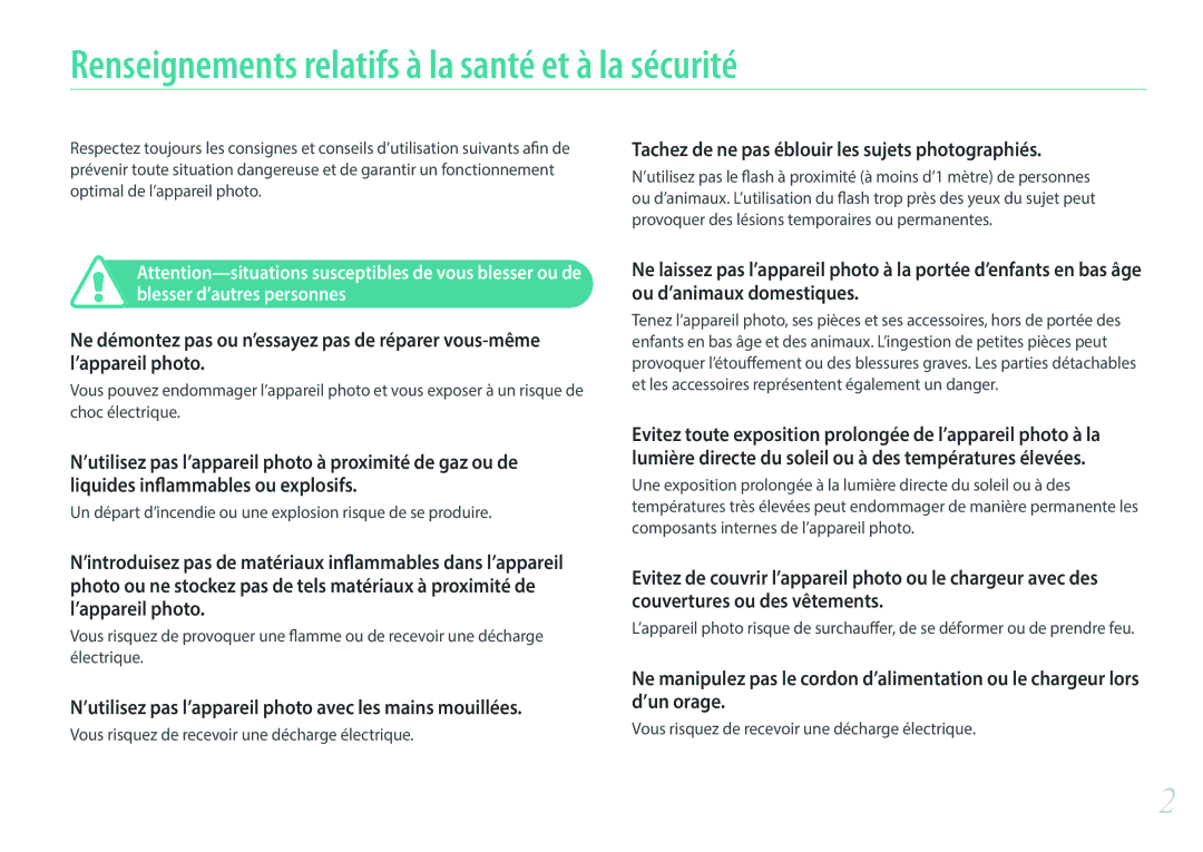 Samsung EV-NX30ZZBGBFR, NX30PRT002/SEF Renseignements relatifs à la santé et à la sécurité, Blesser d’autres personnes 