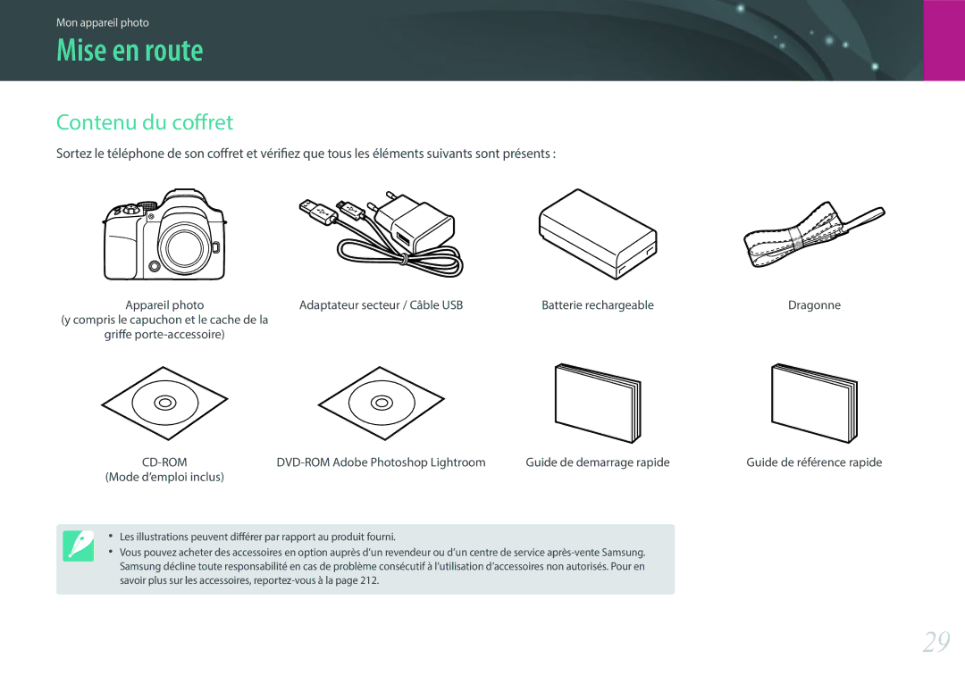 Samsung EV-NX30ZZBGBFR manual Mise en route, Contenu du coffret, Adaptateur secteur / Câble USB Batterie rechargeable 