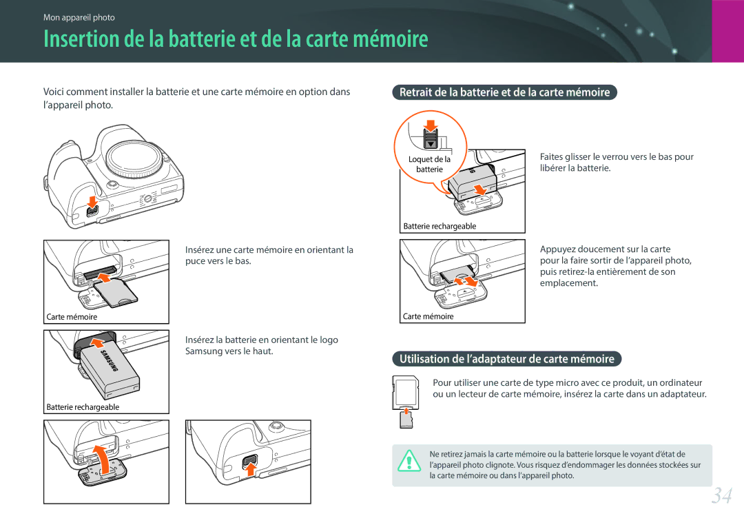 Samsung NX30PRD002/SEF Insertion de la batterie et de la carte mémoire, Retrait de la batterie et de la carte mémoire 