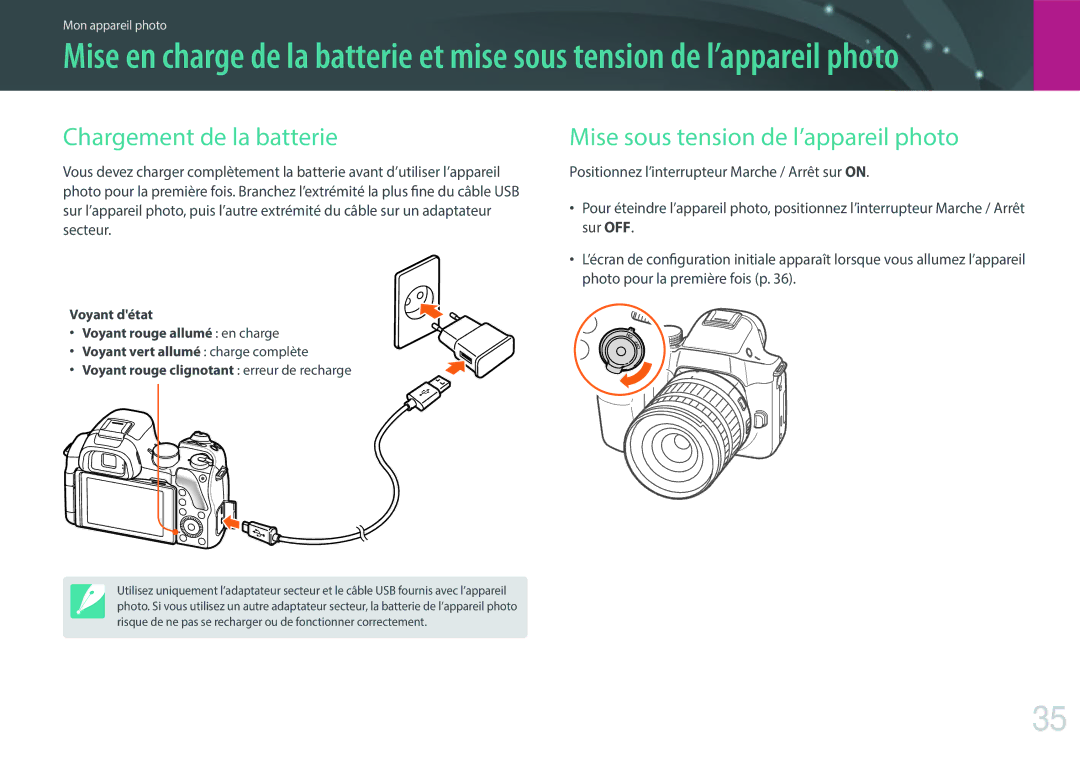 Samsung EV-NX30ZZBGBFR, NX30PRT002/SEF, NX30PRD002/SEF Chargement de la batterie, Mise sous tension de l’appareil photo 