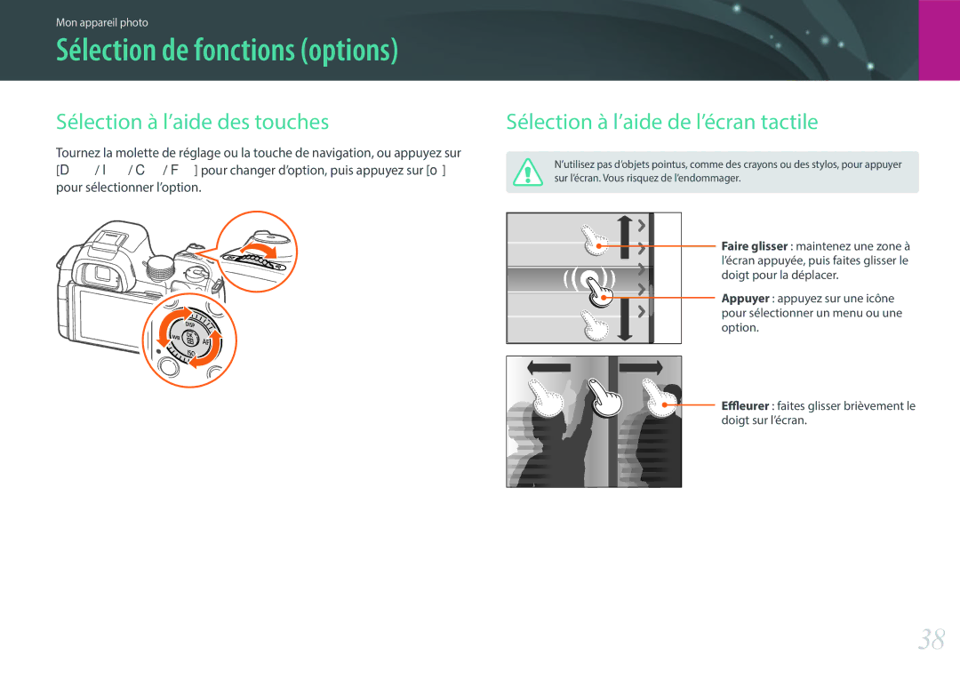 Samsung EV-NX30ZZBGBFR, NX30PRT002/SEF manual Sélection à l’aide des touches, Sélection à l’aide de l’écran tactile 