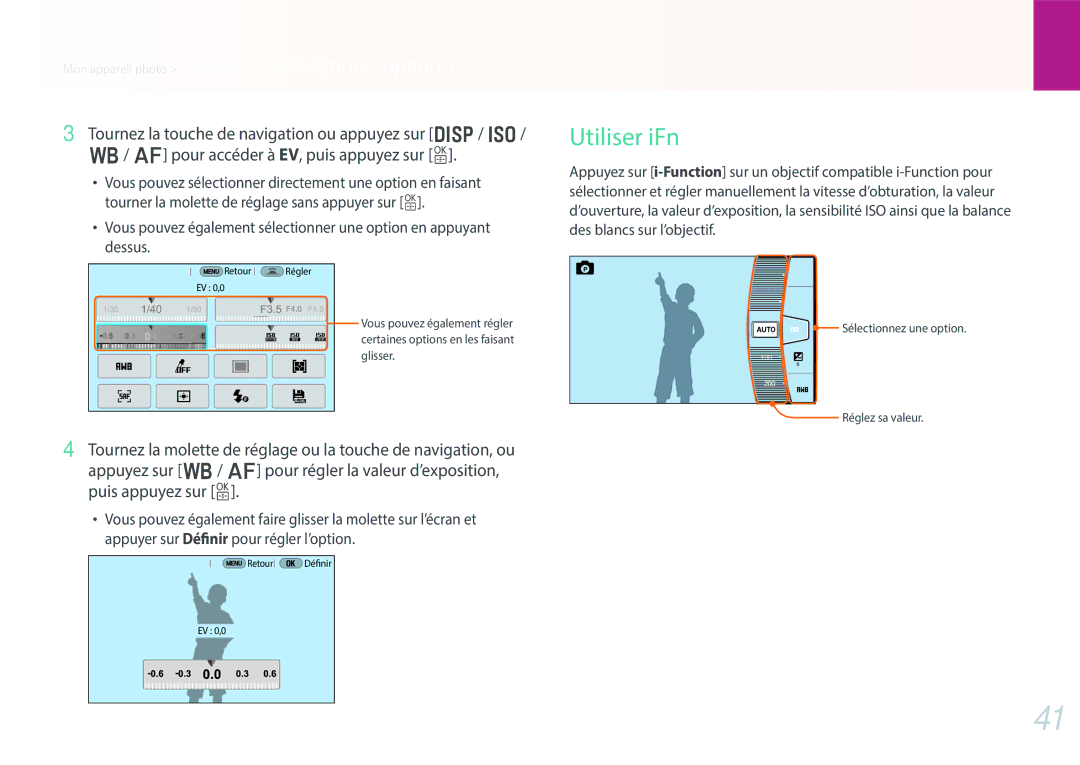 Samsung EV-NX30ZZBGBFR, NX30PRT002/SEF, NX30PRD002/SEF manual Utiliser iFn 