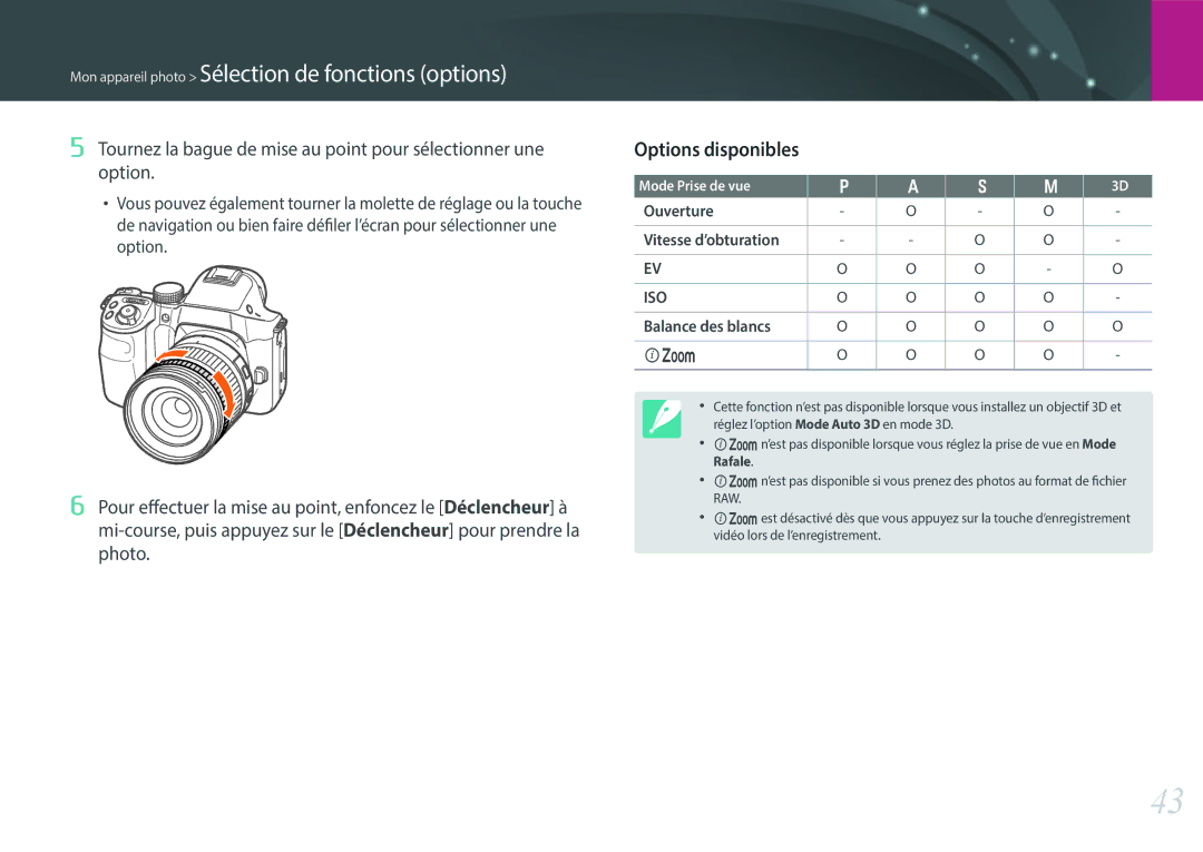 Samsung NX30PRD002/SEF, EV-NX30ZZBGBFR manual Options disponibles, Ouverture Vitesse d’obturation, Balance des blancs 