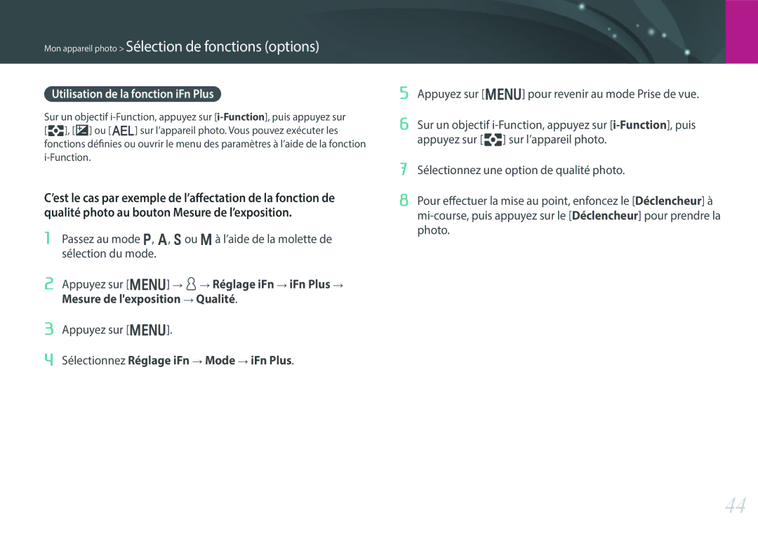 Samsung EV-NX30ZZBGBFR manual Utilisation de la fonction iFn Plus, Appuyez sur m d Réglage iFn iFn Plus, Mode iFn Plus 