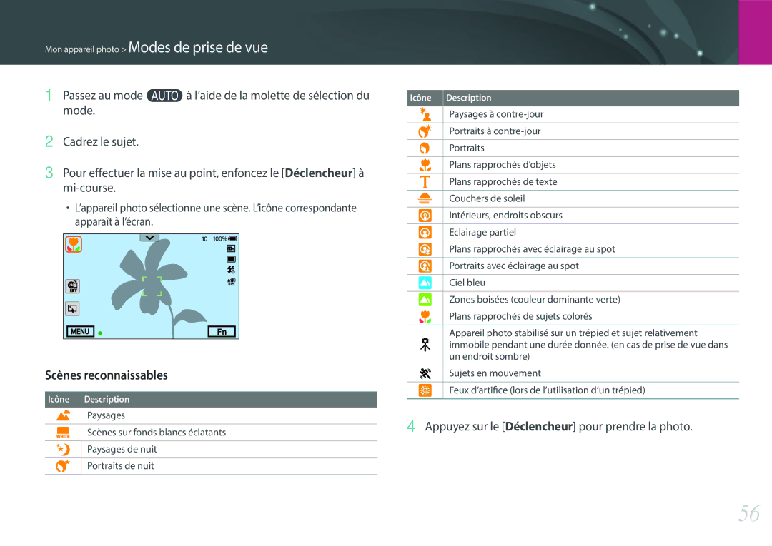 Samsung EV-NX30ZZBGBFR, NX30PRT002/SEF manual Scènes reconnaissables, Appuyez sur le Déclencheur pour prendre la photo 