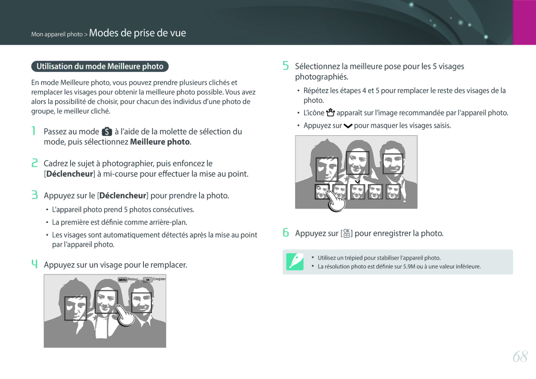 Samsung EV-NX30ZZBGBFR, NX30PRT002/SEF manual Utilisation du mode Meilleure photo, Appuyez sur un visage pour le remplacer 