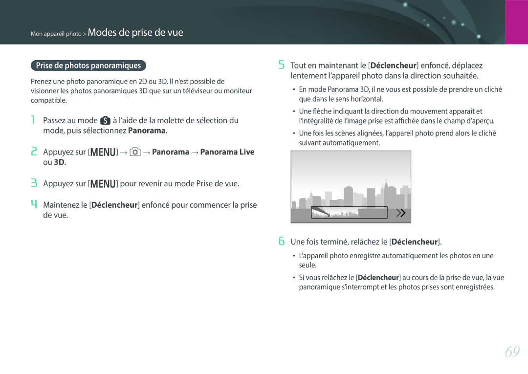 Samsung NX30PRT002/SEF, EV-NX30ZZBGBFR manual Prise de photos panoramiques, Appuyez sur m b Panorama Panorama Live ou 3D 