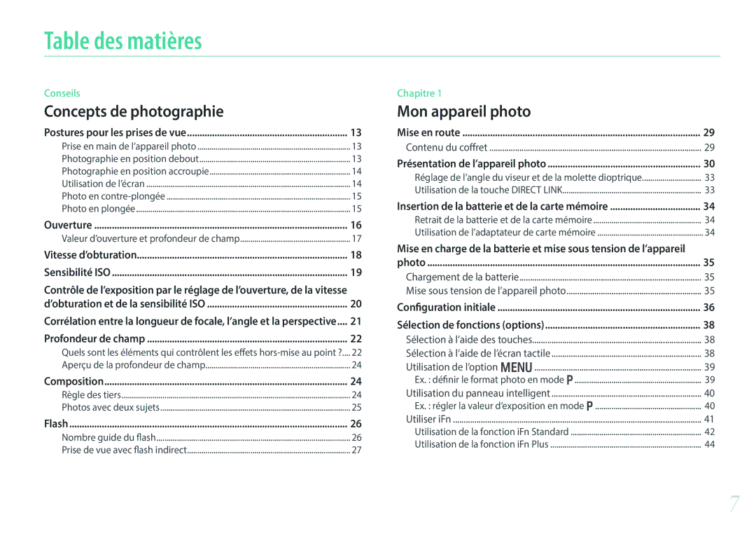 Samsung NX30PRD002/SEF, EV-NX30ZZBGBFR, NX30PRT002/SEF manual Table des matières, Concepts de photographie 