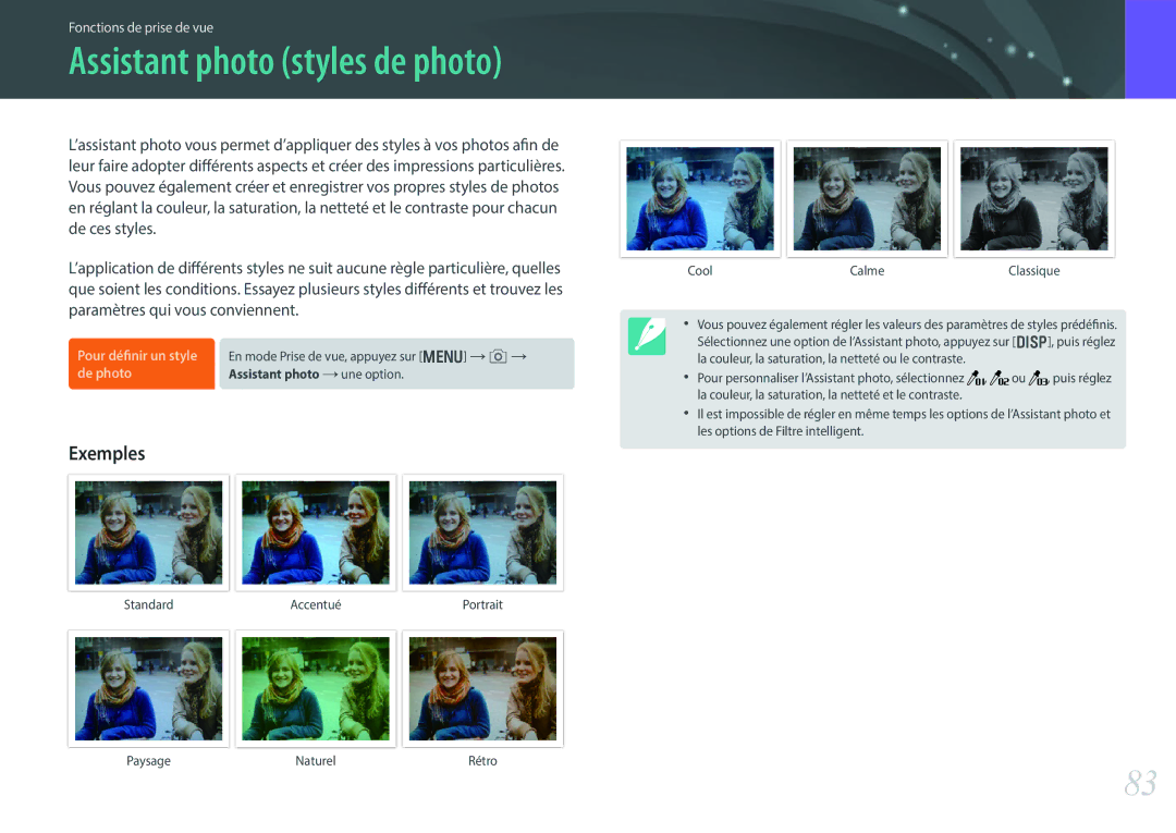 Samsung EV-NX30ZZBGBFR, NX30PRT002/SEF, NX30PRD002/SEF manual Assistant photo styles de photo 