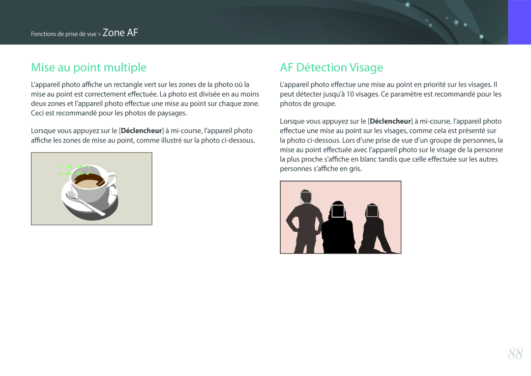 Samsung NX30PRD002/SEF, EV-NX30ZZBGBFR, NX30PRT002/SEF manual Mise au point multiple, AF Détection Visage 