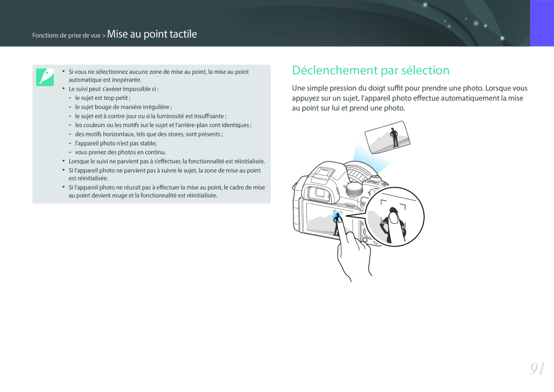 Samsung NX30PRD002/SEF, EV-NX30ZZBGBFR manual Déclenchement par sélection, Fonctions de prise de vue Mise au point tactile 