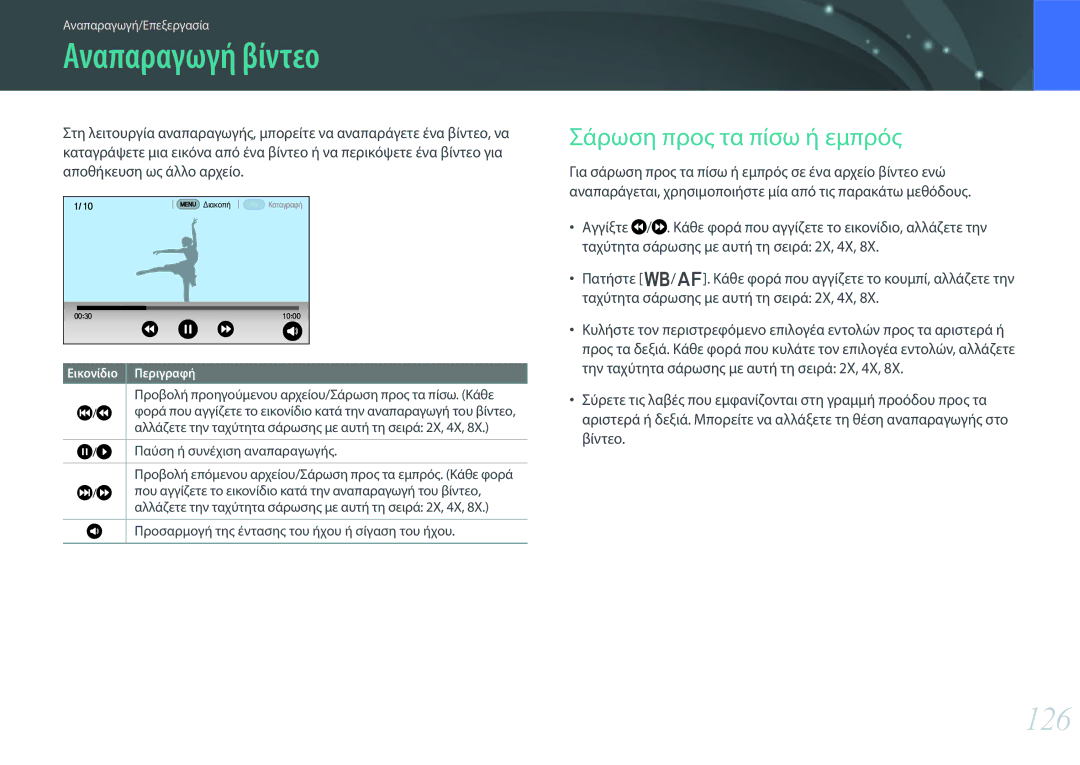 Samsung EV-NX30ZZBGBGR manual Αναπαραγωγή βίντεο, 126, Σάρωση προς τα πίσω ή εμπρός, Παύση ή συνέχιση αναπαραγωγής 
