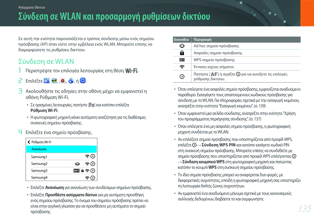 Samsung EV-NX30ZZBGBGR manual Σύνδεση σε Wlan και προσαρμογή ρυθμίσεων δικτύου, 135, Επιλέξτε ένα σημείο πρόσβασης 