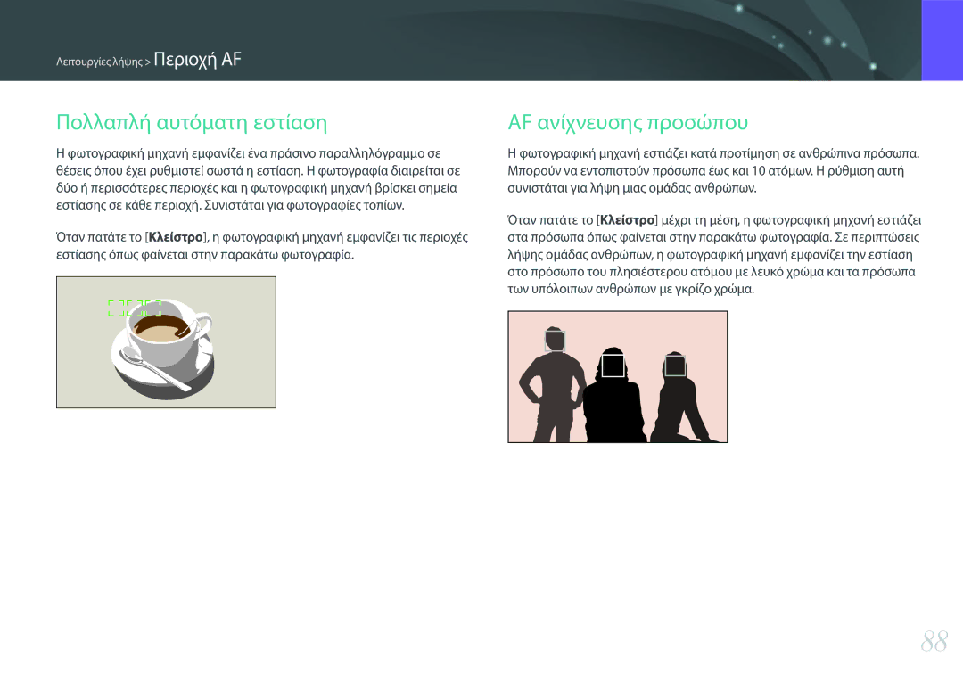 Samsung EV-NX30ZZBGBGR manual Πολλαπλή αυτόματη εστίαση, AF ανίχνευσης προσώπου 