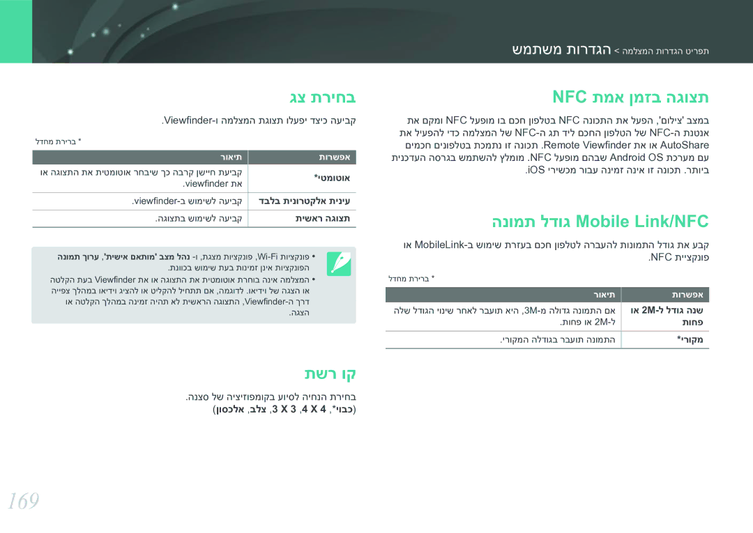 Samsung EV-NX30ZZBGBIL manual 169, גצ תריחב, תשר וק, Nfc תמא ןמזב הגוצת, הנומת לדוג Mobile Link/NFC 