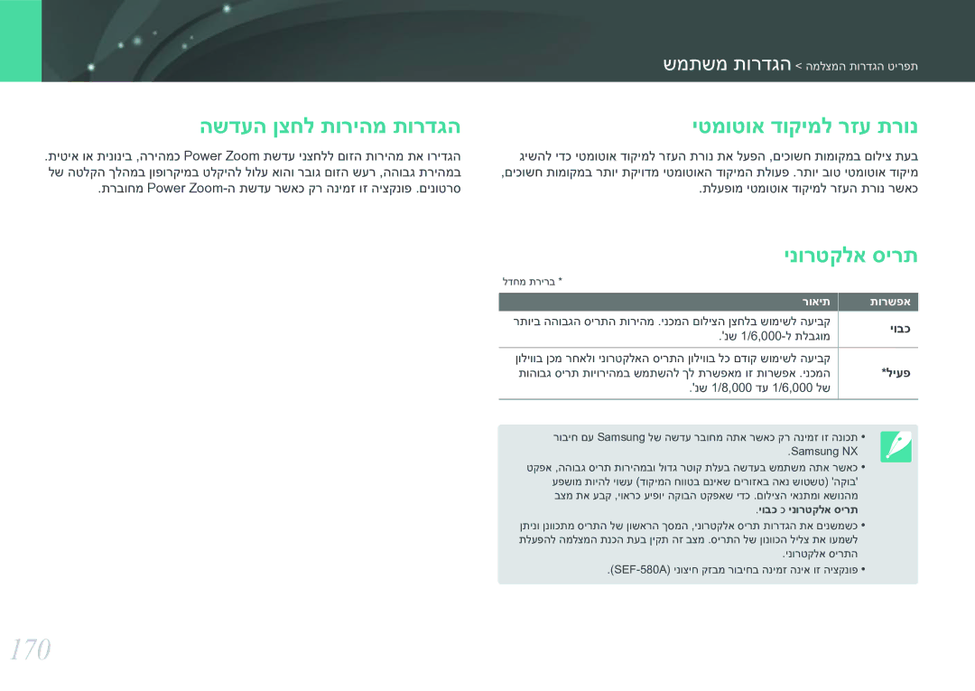 Samsung EV-NX30ZZBGBIL manual 170, השדעה ןצחל תוריהמ תורדגה יטמוטוא דוקימל רזע תרונ, ינורטקלא סירת 