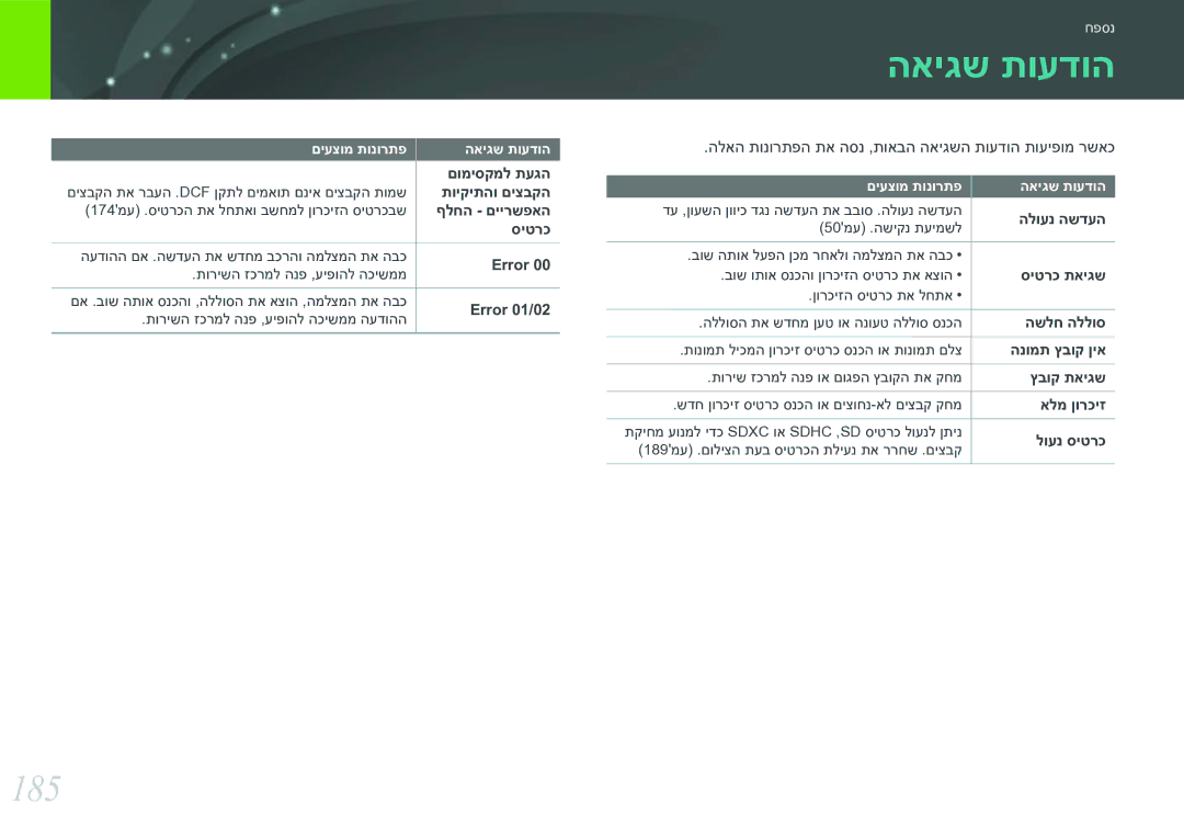 Samsung EV-NX30ZZBGBIL manual האיגש תועדוה, 185 