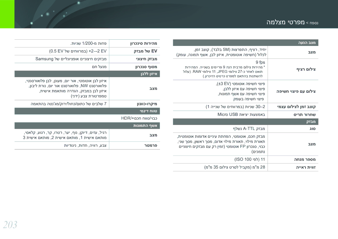 Samsung EV-NX30ZZBGBIL manual 203, מפרטי מצלמה נספח 