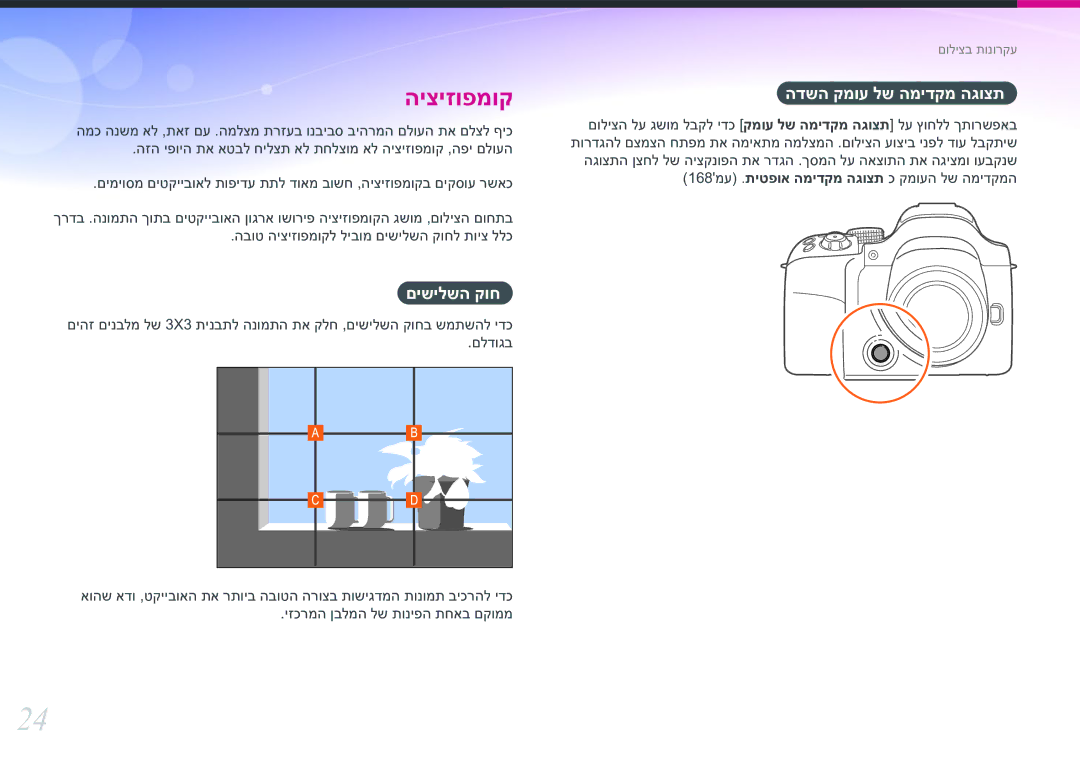 Samsung EV-NX30ZZBGBIL manual םישילשה קוח, הדשה קמוע לש המידקמ הגוצת 