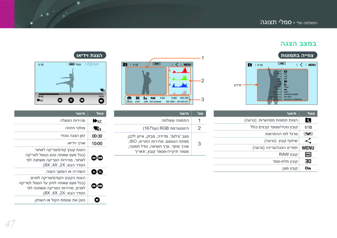 Samsung EV-NX30ZZBGBIL manual הגצה בצמב, ואידיו תגצה, תונומתב הייפצ 