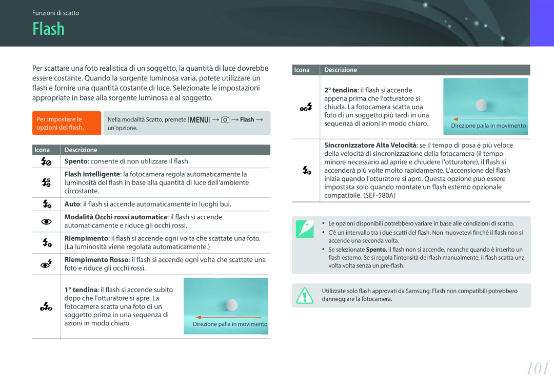 Samsung EV-NX30ZZBGBIT manual Flash, 101, Azioni in modo chiaro 