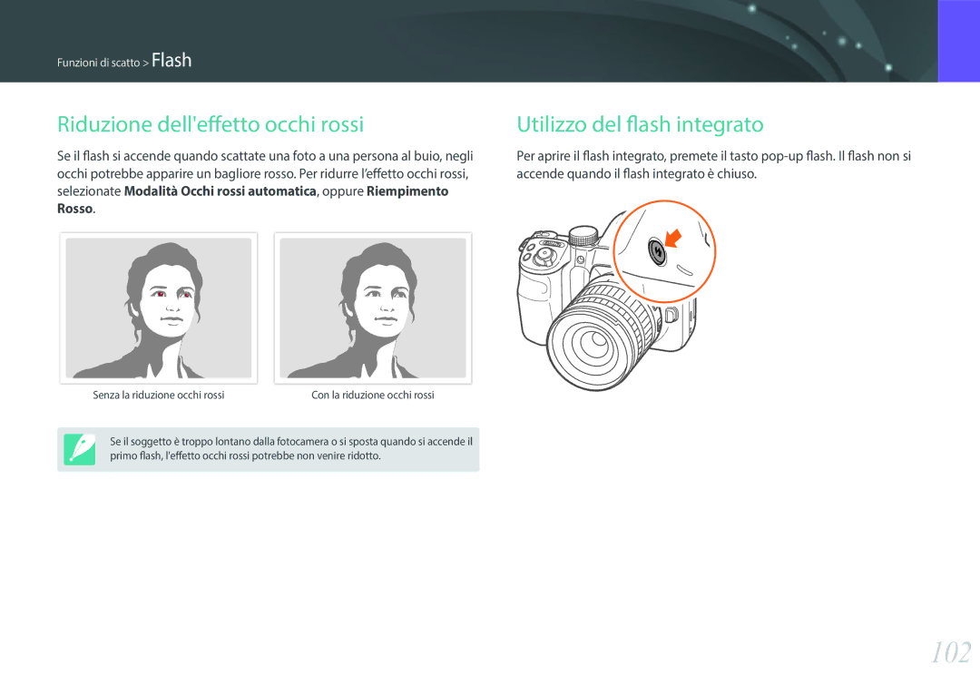 Samsung EV-NX30ZZBGBIT manual 102, Accende quando il flash integrato è chiuso 