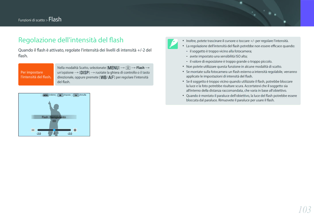 Samsung EV-NX30ZZBGBIT manual 103, Regolazione dellintensità del flash 