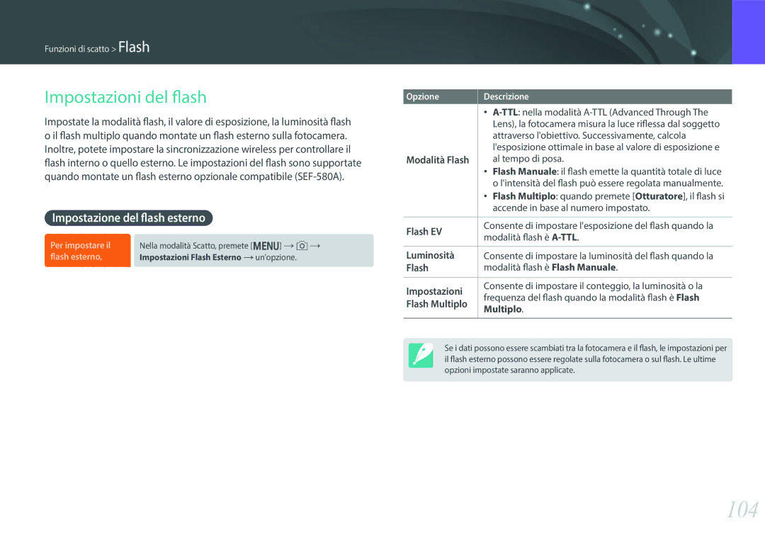 Samsung EV-NX30ZZBGBIT manual 104, Impostazioni del flash, Impostazione del flash esterno 