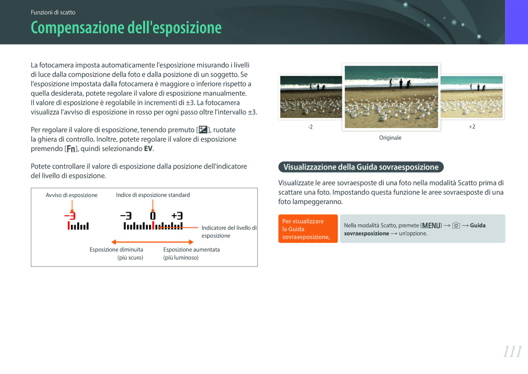 Samsung EV-NX30ZZBGBIT manual 111, Visualizzazione della Guida sovraesposizione 