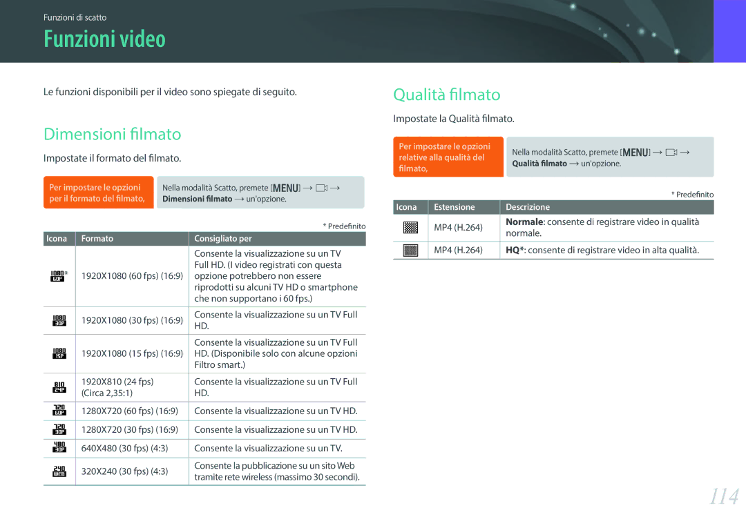 Samsung EV-NX30ZZBGBIT manual Funzioni video, 114, Dimensioni filmato, Qualità filmato 