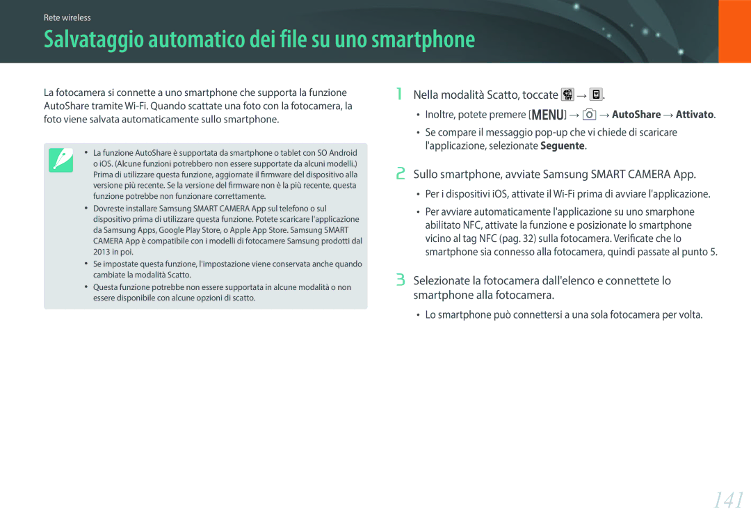 Samsung EV-NX30ZZBGBIT manual Salvataggio automatico dei file su uno smartphone, 141, Nella modalità Scatto, toccate 