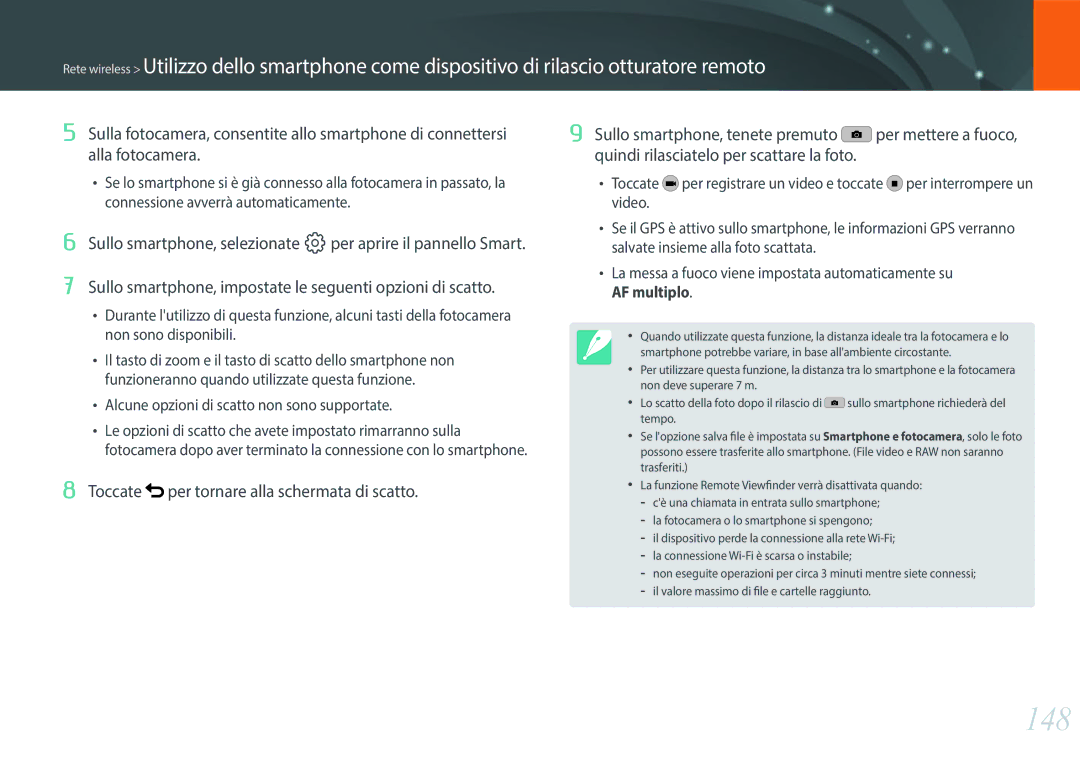 Samsung EV-NX30ZZBGBIT manual 148, Alcune opzioni di scatto non sono supportate 