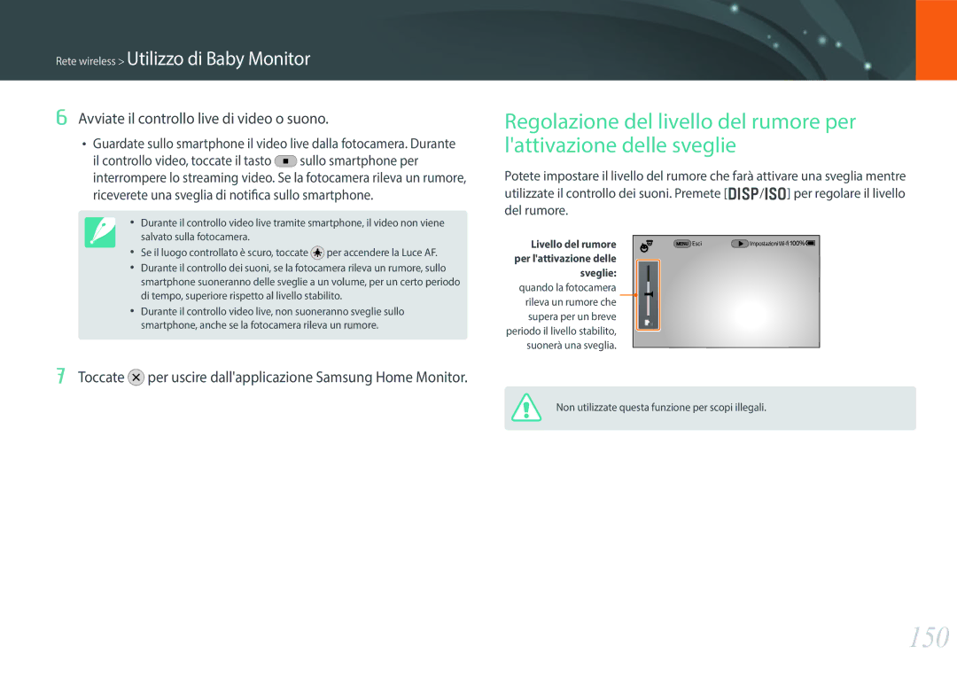 Samsung EV-NX30ZZBGBIT manual 150, Rete wireless Utilizzo di Baby Monitor, Avviate il controllo live di video o suono 