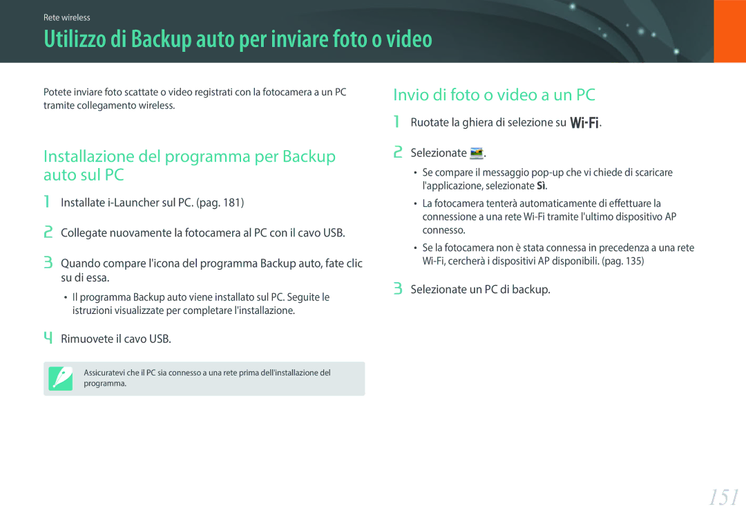 Samsung EV-NX30ZZBGBIT manual Utilizzo di Backup auto per inviare foto o video, 151, Invio di foto o video a un PC 